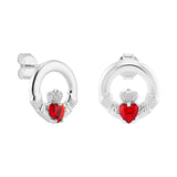 Sterling Silver January Birthstone Claddagh Earrings with Garnet Red Cubic Zirconia Heart Detail