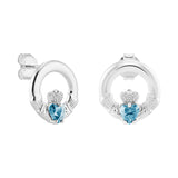 Sterling Silver March Birthstone Claddagh Earrings with Aquamaring Blue Cubic Zirconia Heart Centre Stone
