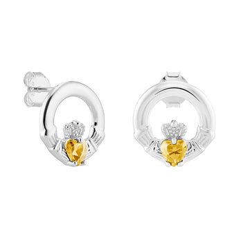 Sterling Silver November Birthstone Claddagh Earrings with Yellow Topaz Cubic Zirconia Heart Details