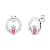 Sterling Silver October Birthstone Claddagh Earrings with Pink Tourmaine Cubic Zirconia Heart Details
