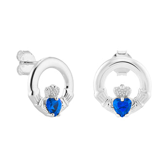 Sterling Silver September Birthstone Claddagh Earrings with Sapphire Blue Cubic Zirconia Heart Details