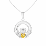 Sterling Silver November Birthstone Claddagh Pendant Necklace with Yellow Topaz Cubci Zirconia heart detail
