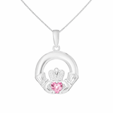 Sterling Silver October Birthstone Claddagh Pendant Necklace with Pink Tourmaline Cubic Zirconia Heart Detail