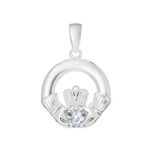 Sterling Silver April Birthstone Claddagh Pendant Necklace with Diamond Clear Cubic Zirconia Heart