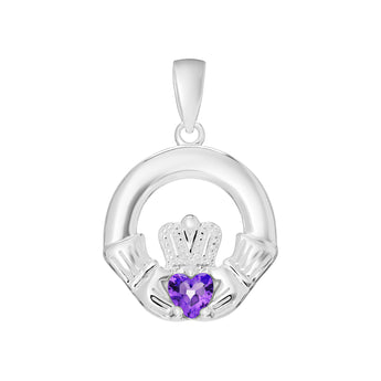 Silver claddagh pendant with a purple heart gemstone on a white background