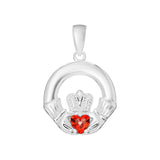 Sterling Silver July Birthstone Claddagh Pendant for Silver Necklaces with Red Ruby Cubic Zirconia Heart Detail