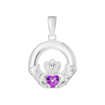 Sterling Silver June Birthstone Claddagh Pendant for silver Necklaces with Purple Alexandrite Cubic Zirconia Heart Detail