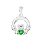 Sterling Silver May Birthstone Claddagh Pendant for silver necklaces with emerald Green Cubic Zirconia Heart Detail