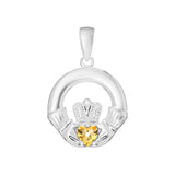 Sterling Silver November Birthstone Claddagh Pendant for Silver Necklaces with Yellow Topaz Cubci Zirconia heart detail