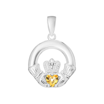 Sterling Silver November Birthstone Claddagh Pendant for Silver Necklaces with Yellow Topaz Cubci Zirconia heart detail