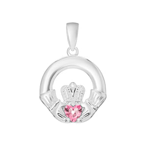 Sterling Silver October Birthstone Claddagh Pendant for Silver Necklaces with Pink Tourmaline Cubic Zirconia Heart Detail