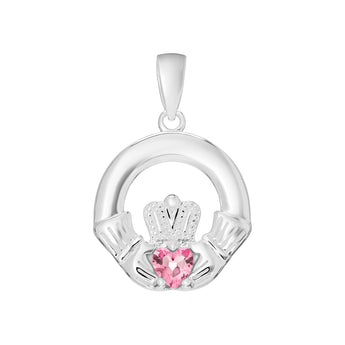 Sterling Silver October Birthstone Claddagh Pendant for Silver Necklaces with Pink Tourmaline Cubic Zirconia Heart Detail