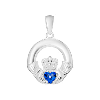 Sterling Silver September Birthstone Claddagh Pendant for Silver Necklaces with Sapphire Cubic Zirconia Heart