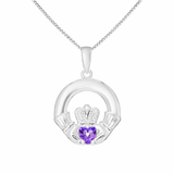 Silver Claddagh pendant with a purple heart gemstone on a white background