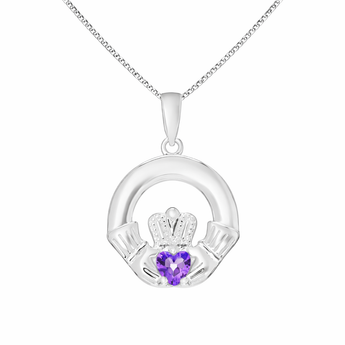Silver Claddagh pendant with a purple heart gemstone on a white background