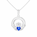 Sterling Silver September Birthstone Claddagh Pendant Necklace with Sapphire Cubic Zirconia Heart