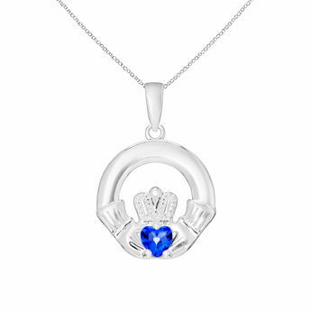 Sterling Silver September Birthstone Claddagh Pendant Necklace with Sapphire Cubic Zirconia Heart