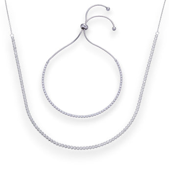 925 Sterling Slver Cubic Zirconia Tennis Jewellery Set, Featuring Necklace and Matching Bolo Bracelet