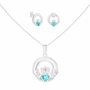 Sterling Silver December Birthstone Claddagh Jewellery Set Featuring Silver Pendant Necklace and Matching Earrings