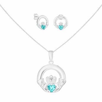 Sterling Silver December Birthstone Claddagh Jewellery Set Featuring Silver Pendant Necklace and Matching Earrings