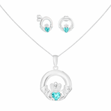 Sterling Silver December Birthstone Claddagh Jewellery Set Featuring Silver Pendant Necklace and Matching Earrings