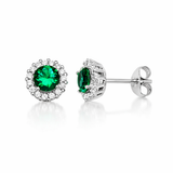 925 Sterling Silver Emerald Halo Cubic Zirconia Stud Earrings