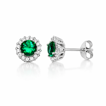 925 Sterling Silver Emerald Halo Cubic Zirconia Stud Earrings
