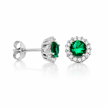 925 Sterling Silver Emerald Halo Cubic Zirconia Stud Earrings