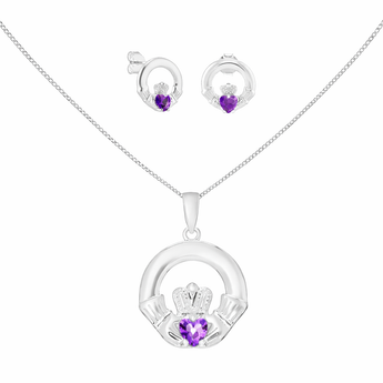 Sterling Silver February Birthstone Claddagh Jewellery Set featuring Silver Pendant Necklace and Matching Earrings