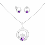 Sterling Silver February Birthstone Claddagh Jewellery Set featuring Silver Pendant Necklace and Matching Earrings