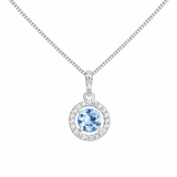 Sterling Silver Cubic Zirconia Halo Pendant Necklace with a blue topaz centre stone