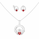 925 Sterling Silver Claddagh January CZ Birthstone Jewellery set featuring Pendant Necklace and matching earrings
