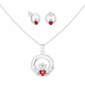 925 Sterling Silver Claddagh January CZ Birthstone Jewellery set featuring Pendant Necklace and matching earrings