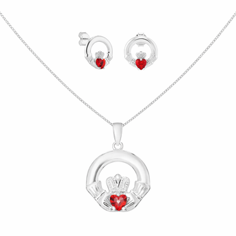 925 Sterling Silver Claddagh January CZ Birthstone Jewellery set featuring Pendant Necklace and matching earrings