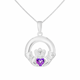 Sterling Silver June Birthstone Claddagh Pendant Necklace with Purple Alexandrite Cubic Zirconia Heart Detail