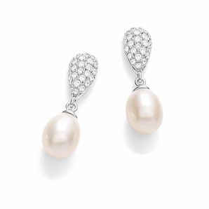 Sterling Silver Luxury Pearl Drop Earrings with Cubic Zirconia Details