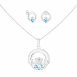 Sterling Silver March Birthstone Claddagh Jewellery Set Featuring Silver Pendant Necklace and Matching Earrings