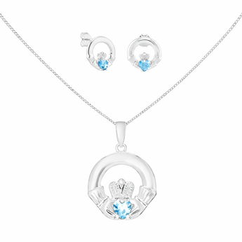 Sterling Silver March Birthstone Claddagh Jewellery Set Featuring Silver Pendant Necklace and Matching Earrings