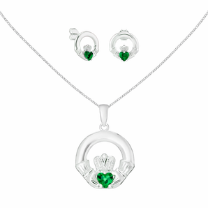 Sterling Silver May Birthstone Claddagh Jewellery Set Featuring Silver Pendant Necklace and Matching Earrings