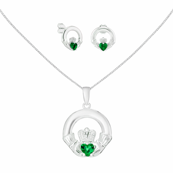 Sterling Silver May Birthstone Claddagh Jewellery Set Featuring Silver Pendant Necklace and Matching Earrings