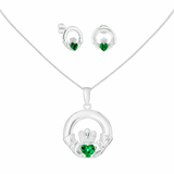 Sterling Silver May Birthstone Claddagh Jewellery Set Featuring Silver Pendant Necklace and Matching Earrings