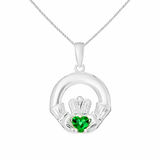 Sterling Silver May Birthstone Claddagh Pendant Necklace with emerald Green Cubic Zirconia Heart Detail