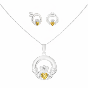 Sterling Silver November Birthstone Claddagh Jewellery Set Featuring Silver Pendant Necklace and Matching Earrings