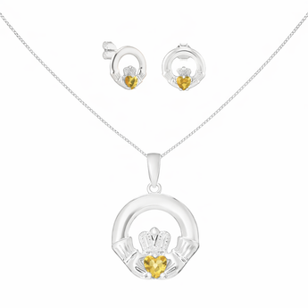 Sterling Silver November Birthstone Claddagh Jewellery Set Featuring Silver Pendant Necklace and Matching Earrings