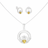 Sterling Silver November Birthstone Claddagh Jewellery Set Featuring Silver Pendant Necklace and Matching Earrings