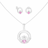 Sterling Silver October Birthstone Claddagh Jewellery Set Featuring Silver Pendant Necklace and Matching Earrings