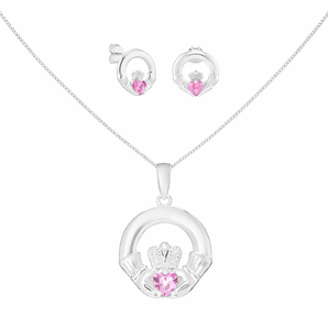 Sterling Silver October Birthstone Claddagh Jewellery Set Featuring Silver Pendant Necklace and Matching Earrings
