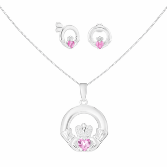 Sterling Silver October Birthstone Claddagh Jewellery Set Featuring Silver Pendant Necklace and Matching Earrings