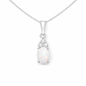 Sterling Silver Opal and CZ Drop Pendant Necklace