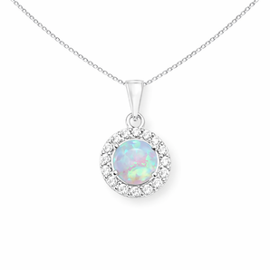 Sterling Silver Opal and CZ Halo Pendant Necklace